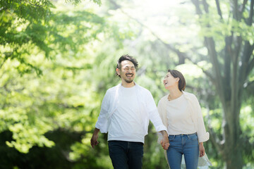 Image of a happy couple or married couple Bearded man and beautiful woman Image of insurance,...