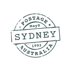 Australia Sydney postage and postal rubber stamp. Vector round seal with envelope, post delivery emblem. International mail control sign