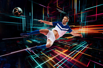 Football scene with soccer player on futuristic digital background. Generative AI