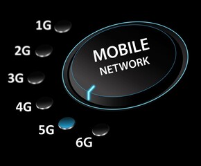 Control knob turning to 5G mobile network generation. Wireless network high speed internet concept.
