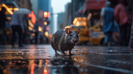 A rat amidst towering skyscrapers and neon signs. Generative AI.