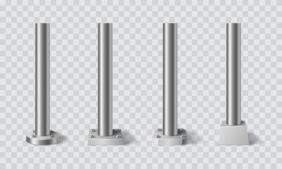Steel metal pillars, poles and pipe columns or post stands, vector realistic 3D. Steel iron pillars or pole sign cylinders screwed by bolts to base, aluminium pipe columns and chrome signpost pillars