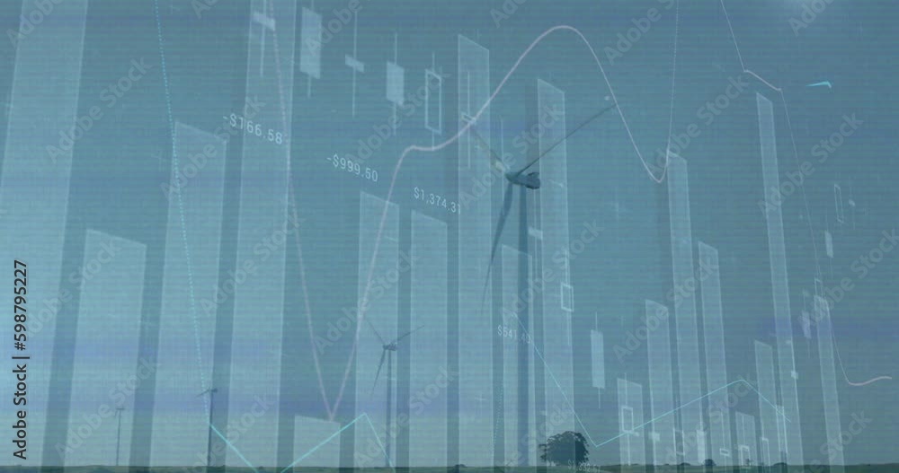 Poster animating of vhs glitch effect over statistical data processing against spinning windmill