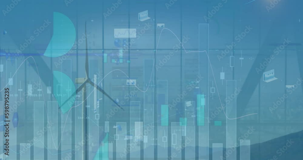 Poster animating of statistical data processing over spinning windmill on grassland against blue sky