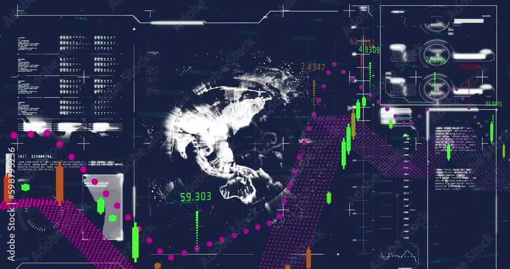 Poster animation of interface with financial data processing over spinning globe against blue background