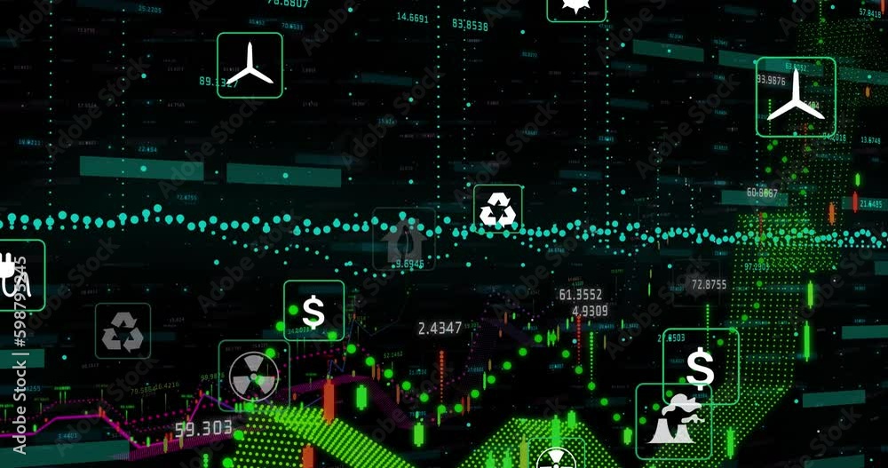 Poster Animation of multiple digital icons and financial data processing against black background