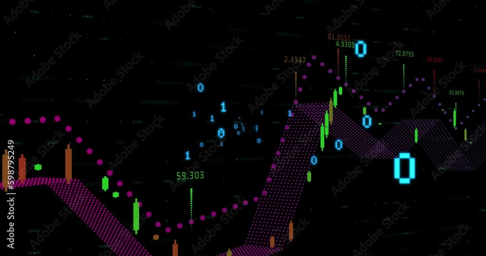 Poster animation of financial data processing and binary coding against black background