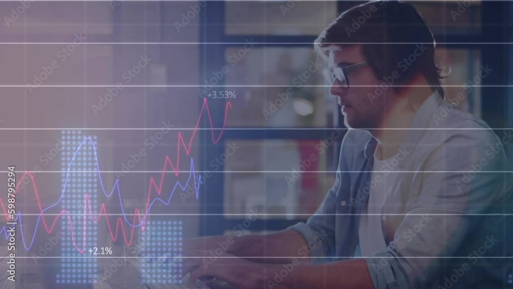 Poster animation of statistical data processing over stressed caucasian man using computer at office