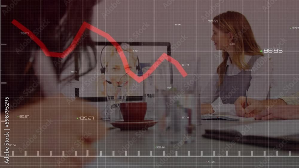 Poster animation of statistical data processing over diverse colleagues having a video conference at office