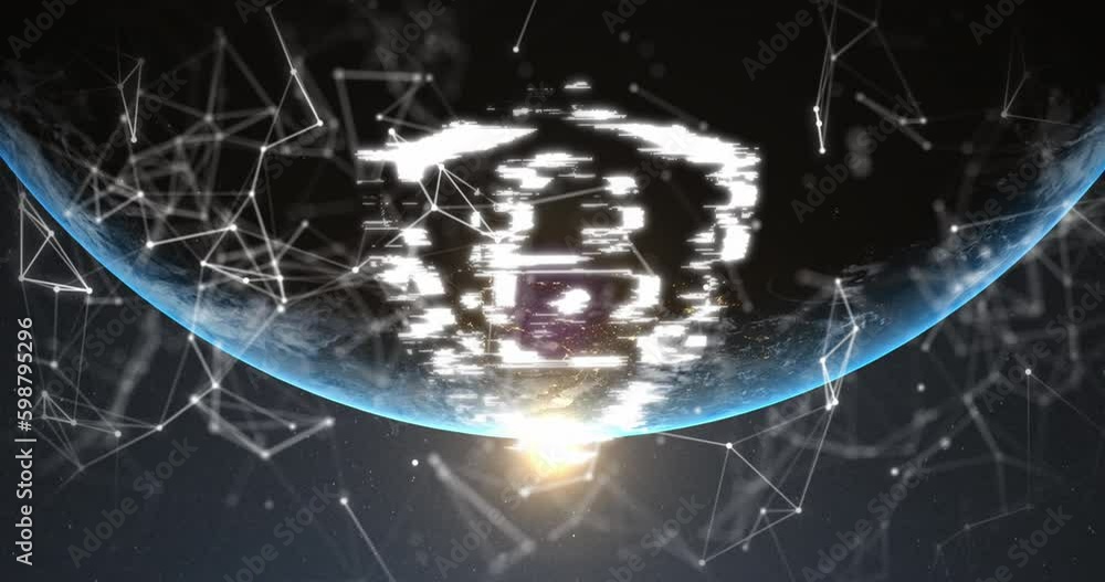 Poster animation of security padlock icon and network of connections against light spot and globe