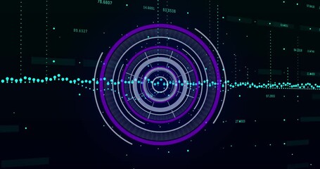 Animation of purple round scanner and data processing against black background - Powered by Adobe