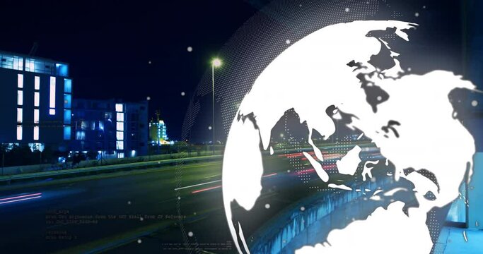 Animation of white sots and spinning globe against time-lapse of night city traffic