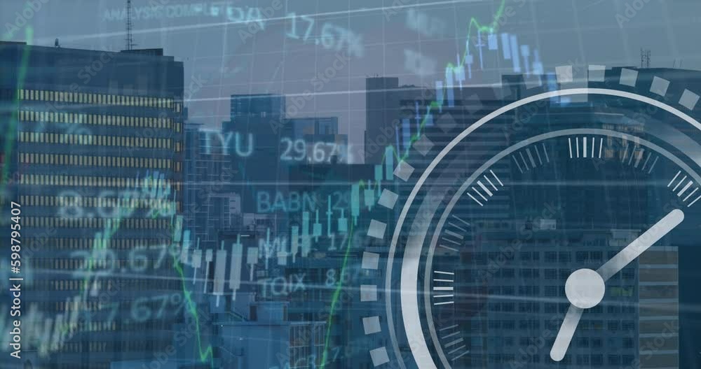Poster animation of ticking clock and stock market data processing against tall building