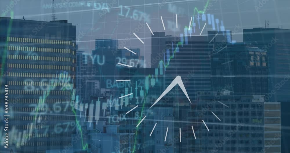 Poster animation of ticking clock and stock market data processing against tall building