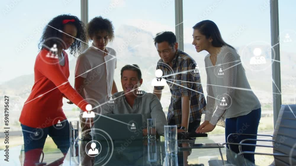 Aufkleber animation of network of profile icons against team of diverse colleagues discussing at office