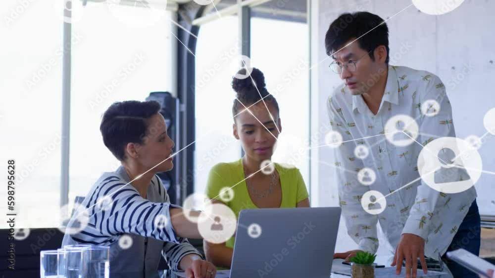 Poster animation of network of profile icons against team of diverse colleagues discussing at office