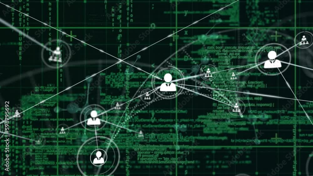Poster animation of network of profile icons and data processing over grid network on black background