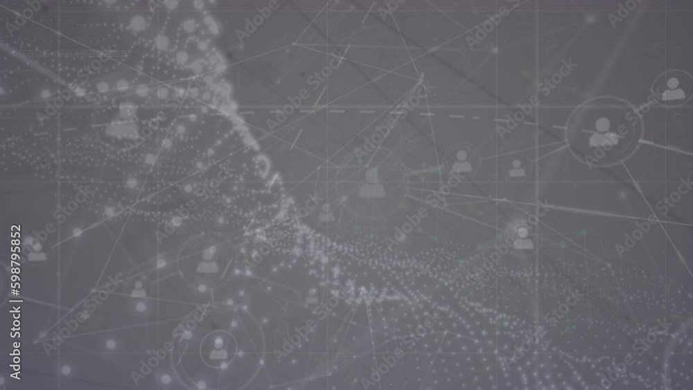 Poster animation of network of profile icons and digital wave against grey background