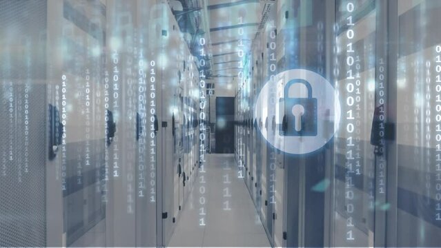 Animation of security padlock icon, light trails and binary coding against computer server room