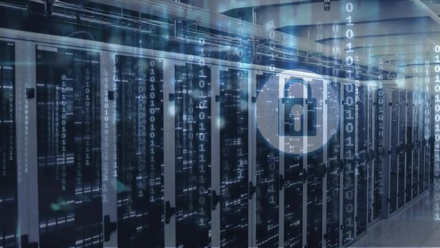Animation of security padlock icon, mosaic squares and binary coding against computer server room