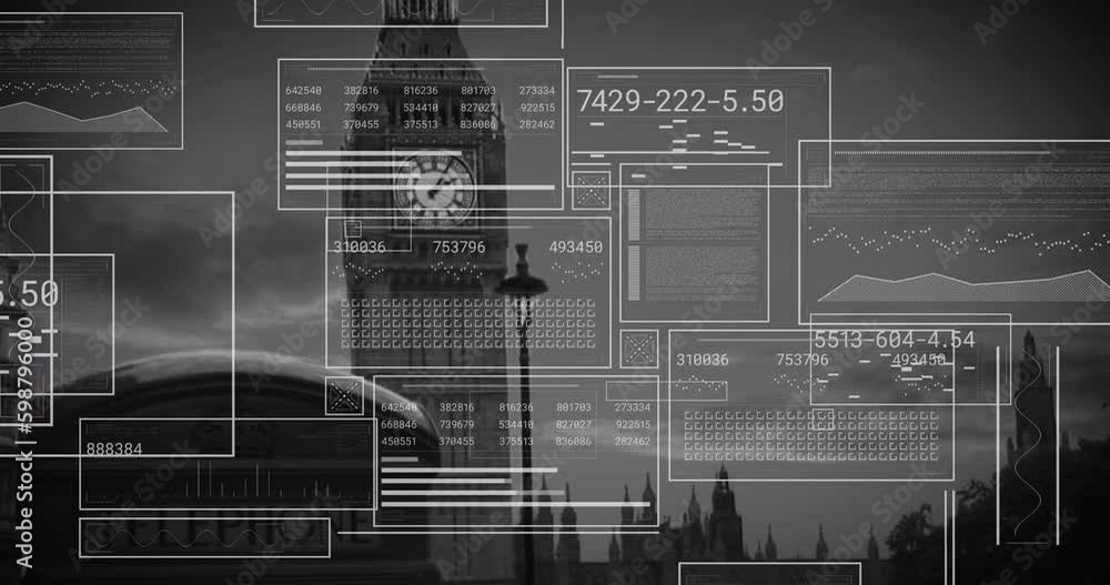 Poster animation of interface with data processing against view of big ben tower