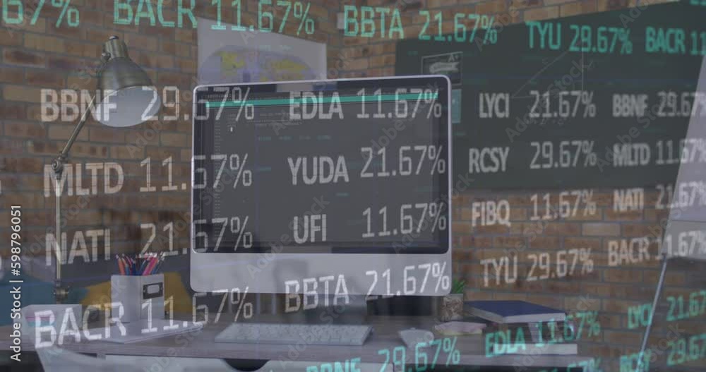 Poster animation of stock market data processing against computer on office desk