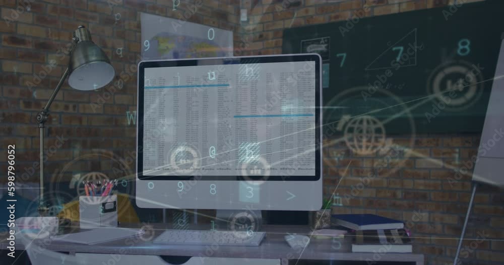 Poster animation of network of digital icons and cyber security data processing against office desk