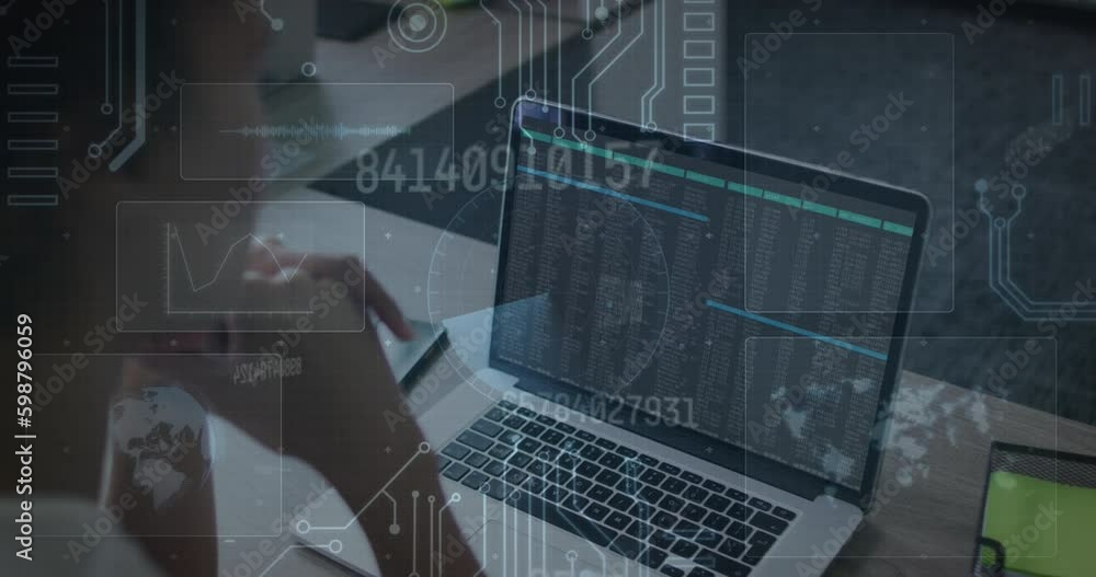 Poster animation of interface with data processing against biracial woman having a video call on laptop