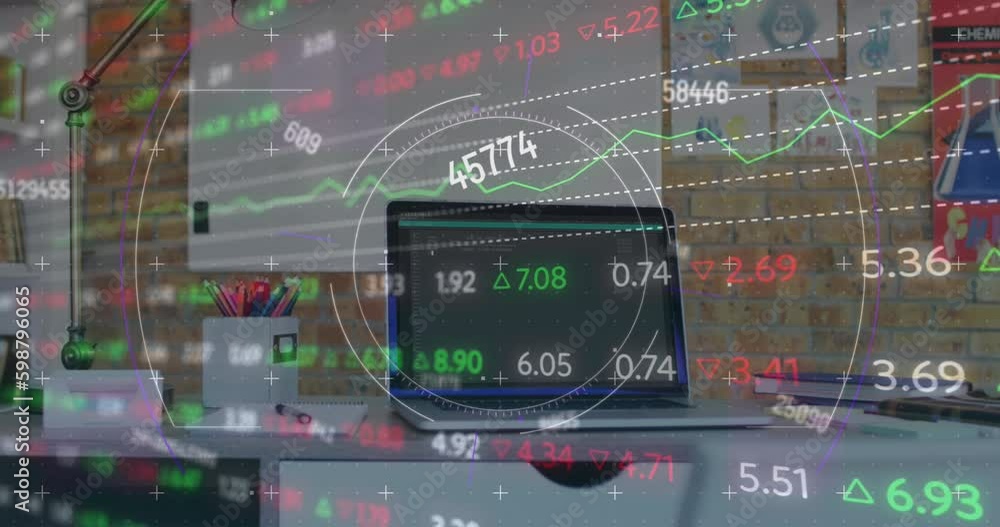 Poster animation of scope scanning over stock market data processing against laptop with copy space on desk