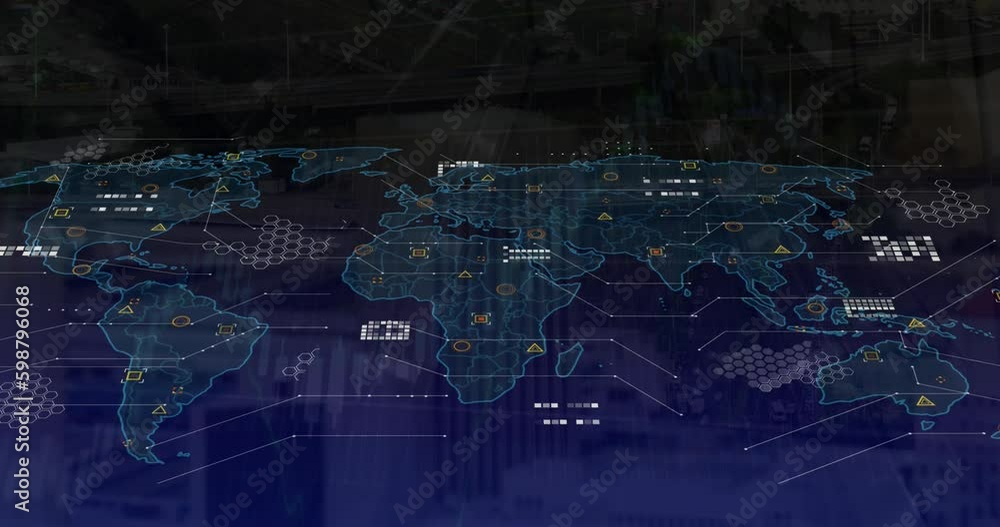 Poster Animation of world map and data processing against aerial view of cityscape