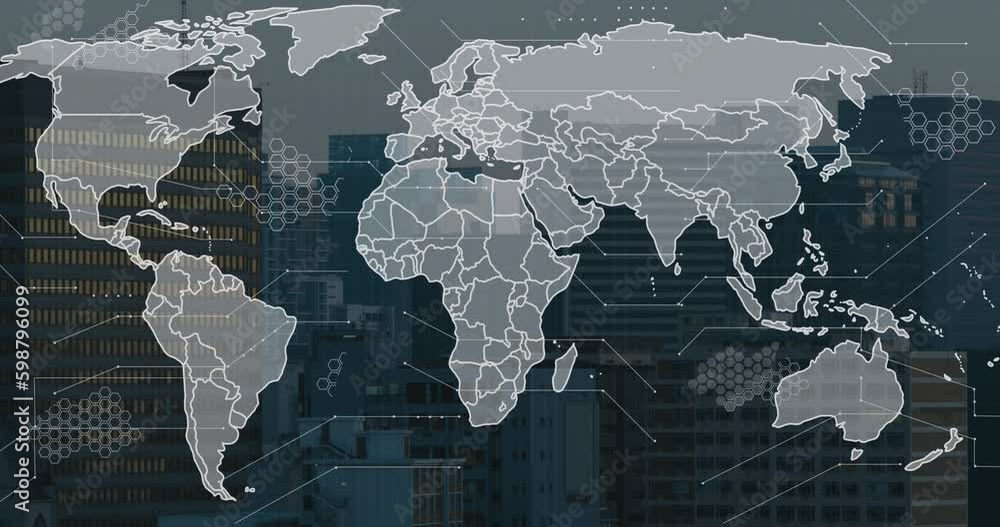 Poster animation of world map and data processing against aerial view of cityscape