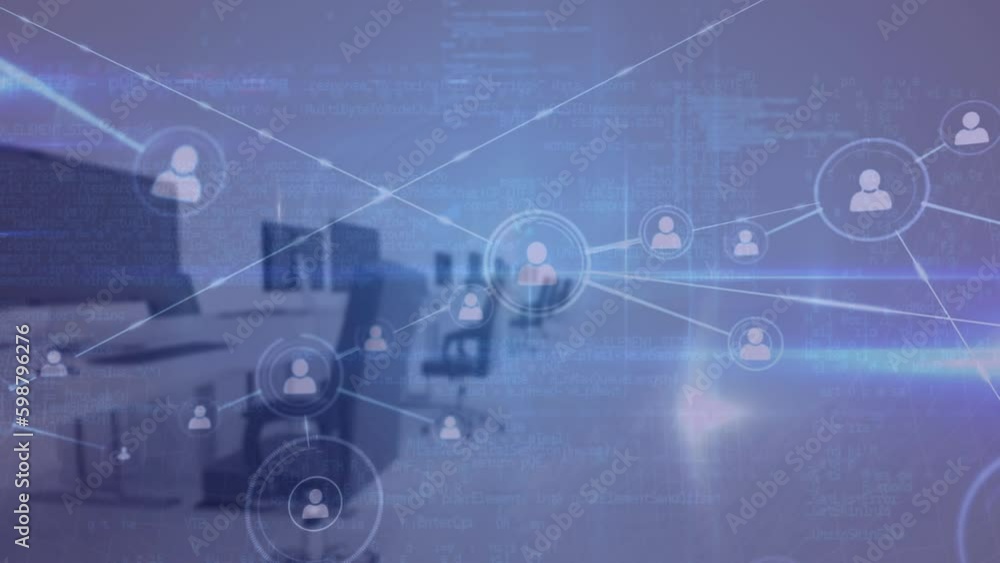 Poster animation of network of profile icons, data processing and blue light spots against empty office
