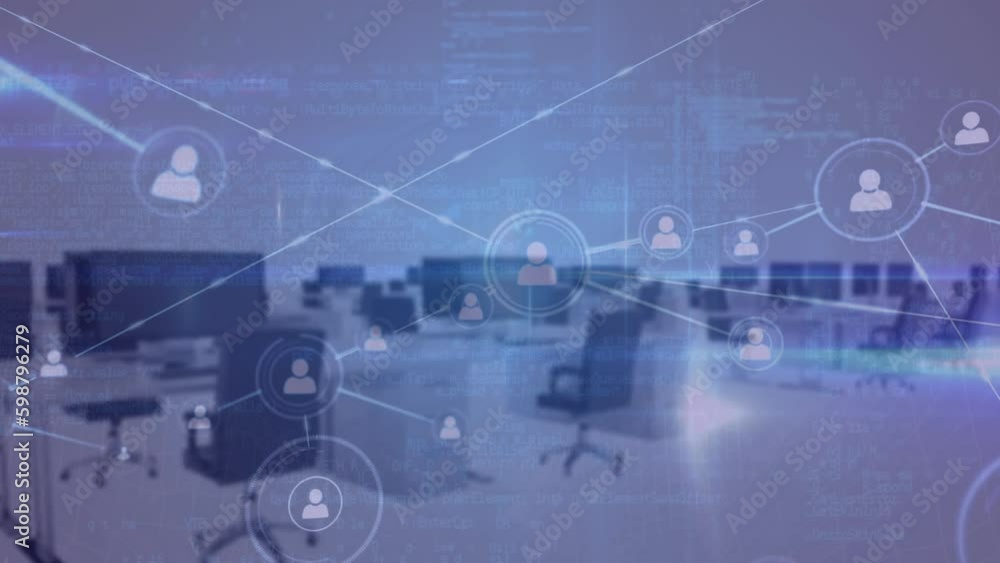 Poster animation of network of profile icons, data processing and blue light spots against empty office