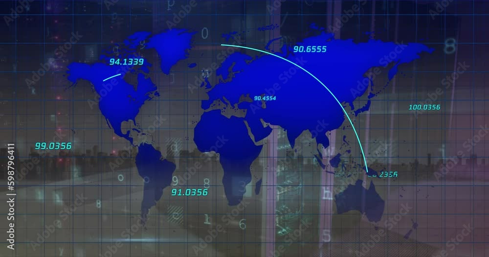 Poster animation of cyber security data processing and world map over server room against view of cityscape