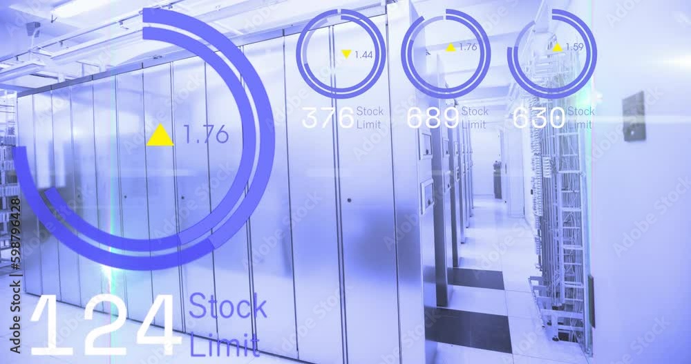 Poster animation of stock market data processing and light spot against computer server room