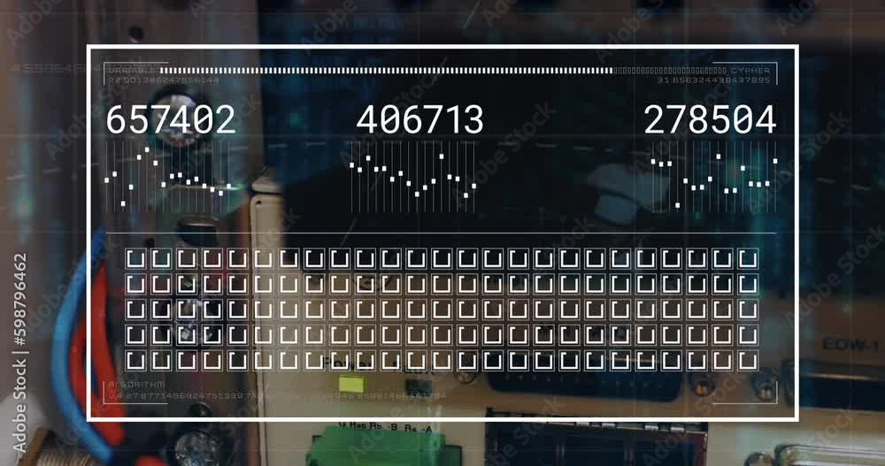 Poster animation of interface with data processing against close up of a computer server