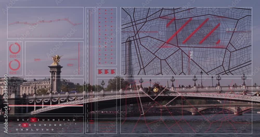 Poster animation of interface with data processing against view of eiffel tower and city bridge