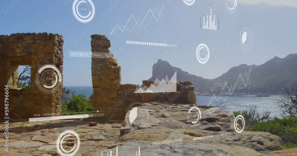 Aufkleber animation of data processing against view of fort and sea