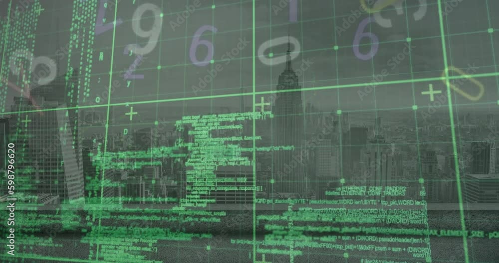 Poster animation of changing numbers and data processing over grid network against aerial view of cityscape