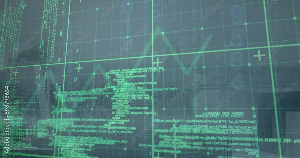 Poster animation of data processing over grid network against aerial view of cityscape