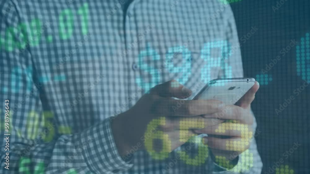 Aufkleber animation of stock market data processing against mid section of a man using smartphone