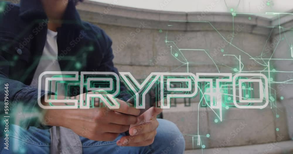 Poster animation of crypto text and data processing over biracial man using smartphone