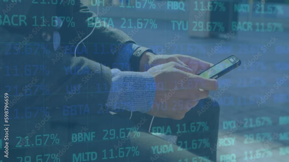 Poster animation of stock market data processing against mid section of a businessman using smartphone
