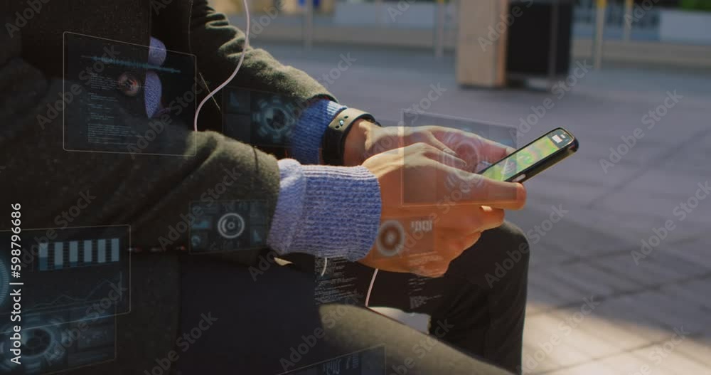 Poster animation of data processing against mid section of man using smartphone on the street