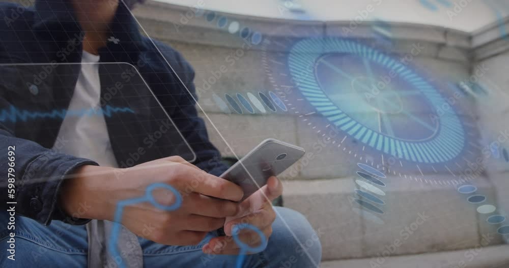 Poster animation of interface with data processing against biracial man using smartphone on the stairs