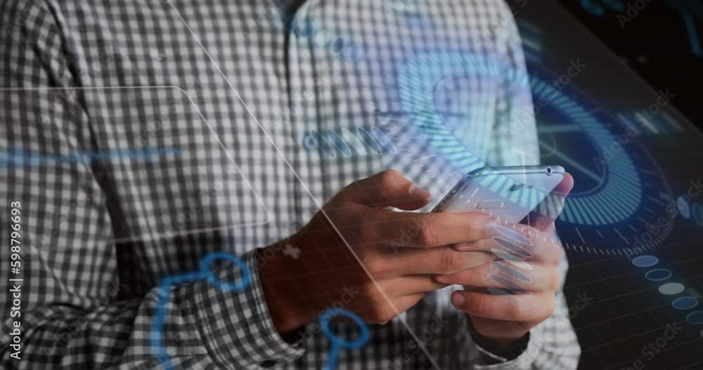Poster animation of interface with data processing against mid section of man using smartphone