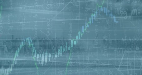 Animation of financial data processing and mathematical equations against aerial view of cityscape - Powered by Adobe
