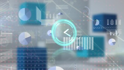 Animation of neon ticking clock and network of connections against statistical data processing - Powered by Adobe