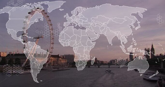 Animation of shapes and world map over london cityscape