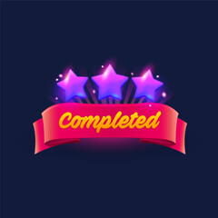 Game level completed badge or icon, ui popup user interface element with purple stars and red banner. Vector gui mobile or web app reward for sucessful chellenge completion